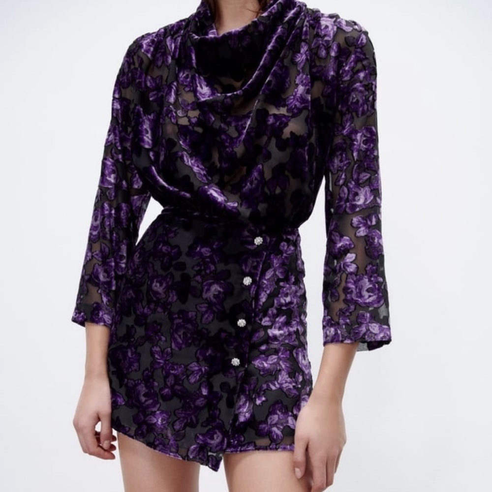 Zara purple velvet floral mini dress size xs